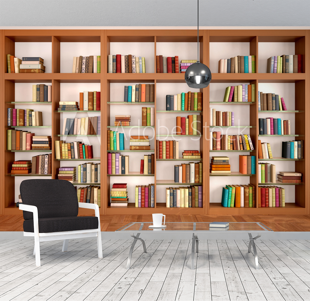 Picture of Wooden and glass shelves with different books Library 3d illus